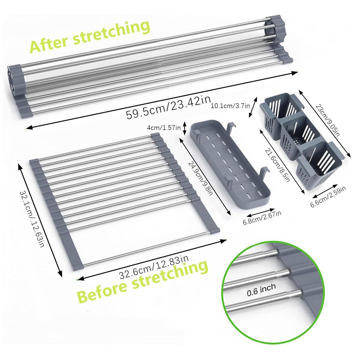 Over-the-Sink Roll-Up Dish Drying Rack – Space Saver with 2 Storage Baskets | Stainless Steel Kitchen Organizer