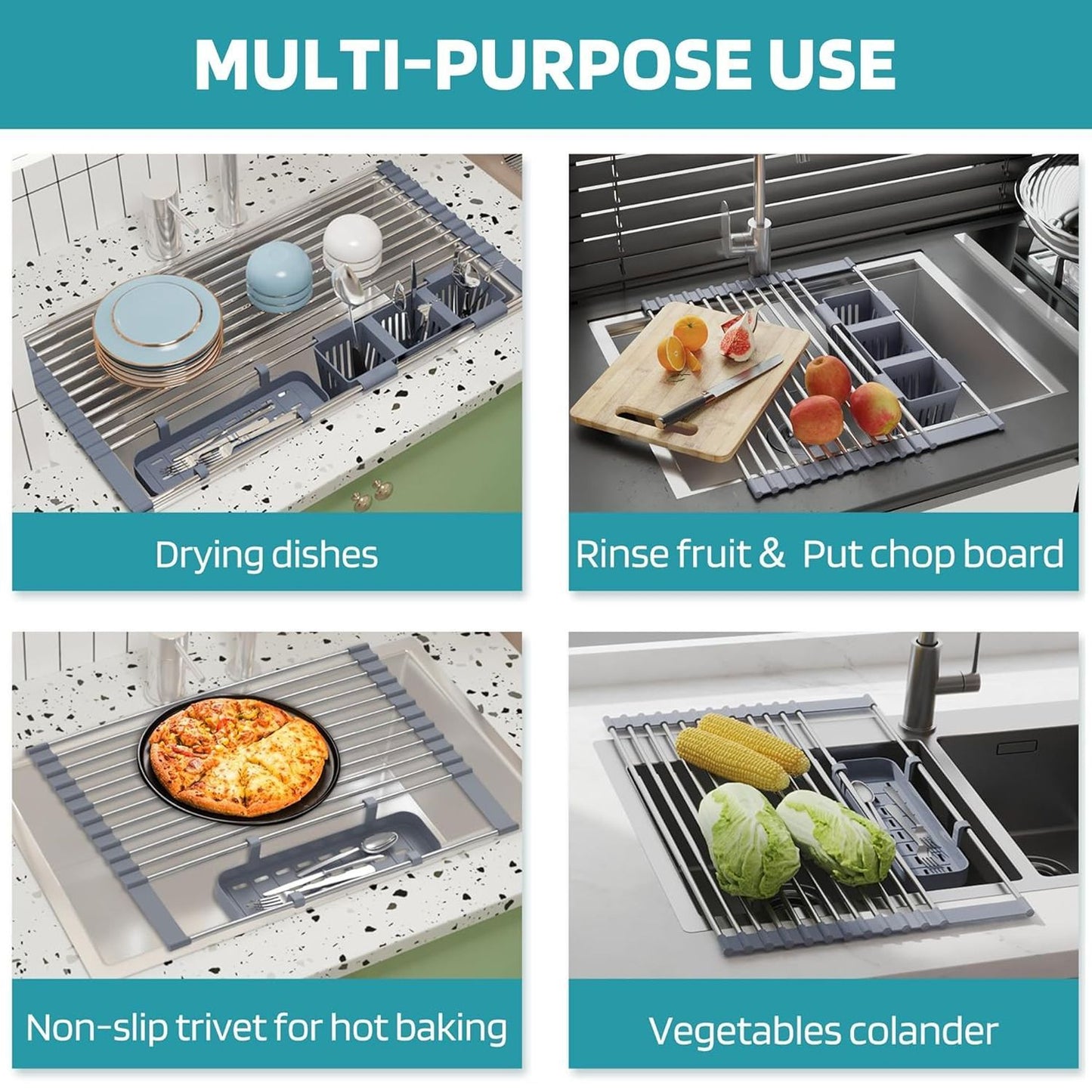 Over-the-Sink Roll-Up Dish Drying Rack – Space Saver with 2 Storage Baskets | Stainless Steel Kitchen Organizer