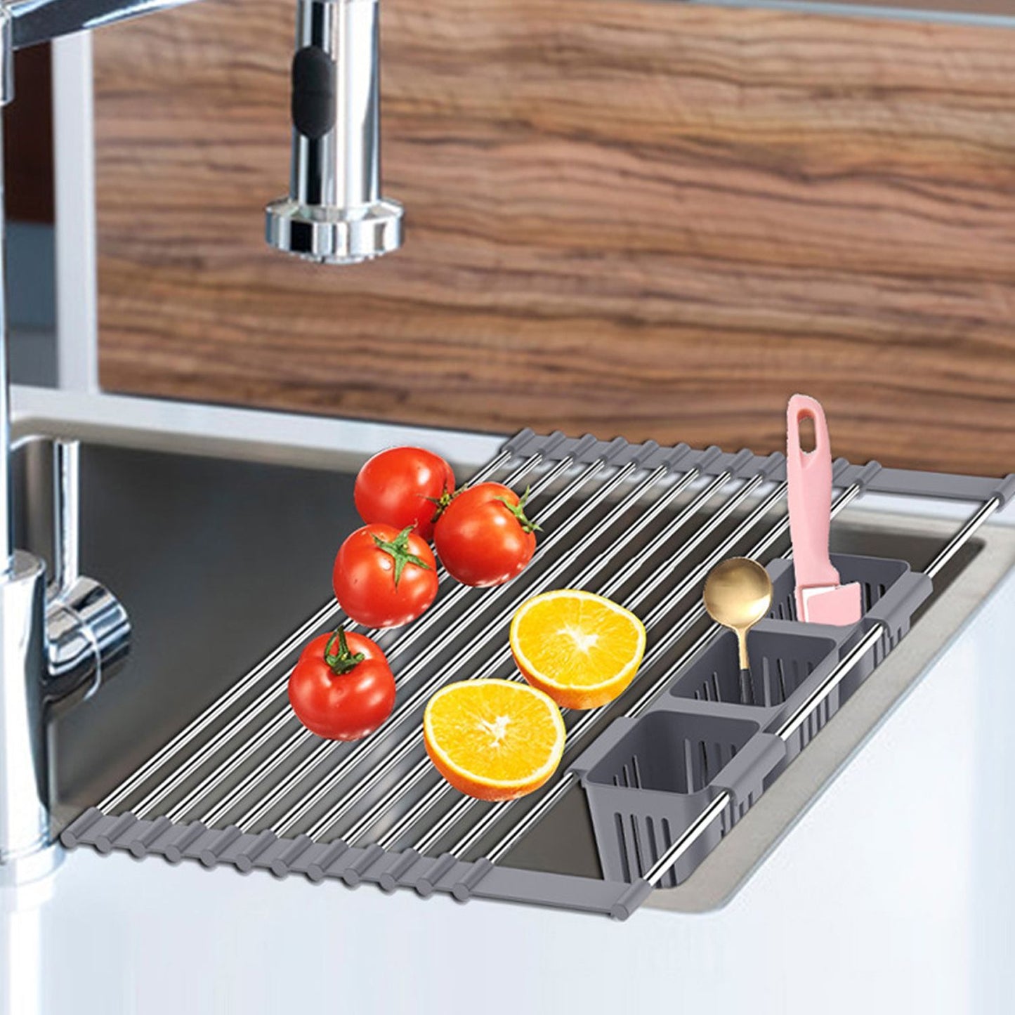 Over-the-Sink Roll-Up Dish Drying Rack – Space Saver with 2 Storage Baskets | Stainless Steel Kitchen Organizer