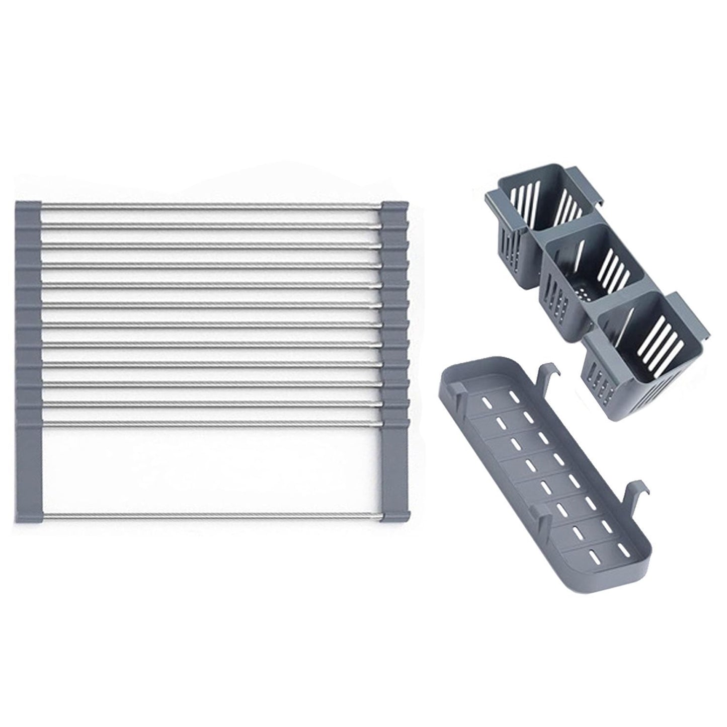 Over-the-Sink Roll-Up Dish Drying Rack – Space Saver with 2 Storage Baskets | Stainless Steel Kitchen Organizer