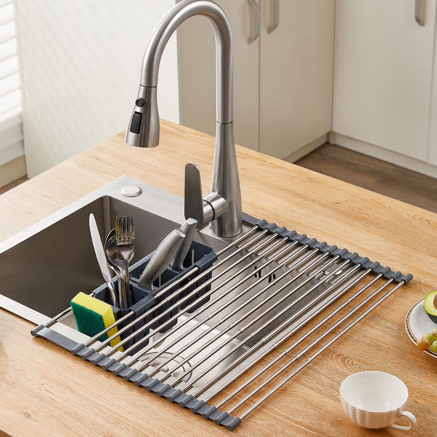 Over-the-Sink Roll-Up Dish Drying Rack – Space Saver with 2 Storage Baskets | Stainless Steel Kitchen Organizer