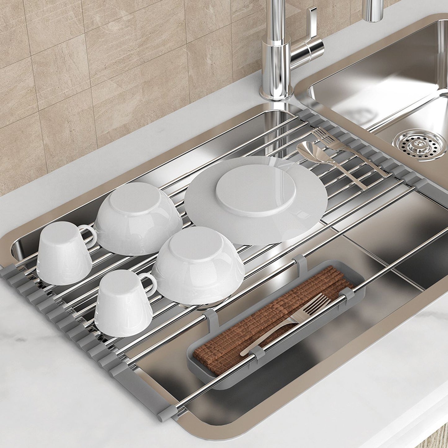 Over-the-Sink Roll-Up Dish Drying Rack – Space Saver with 2 Storage Baskets | Stainless Steel Kitchen Organizer