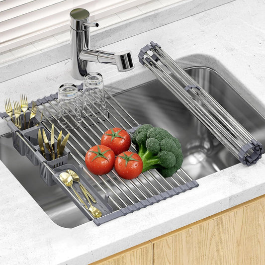 Over-the-Sink Roll-Up Dish Drying Rack – Space Saver with 2 Storage Baskets | Stainless Steel Kitchen Organizer