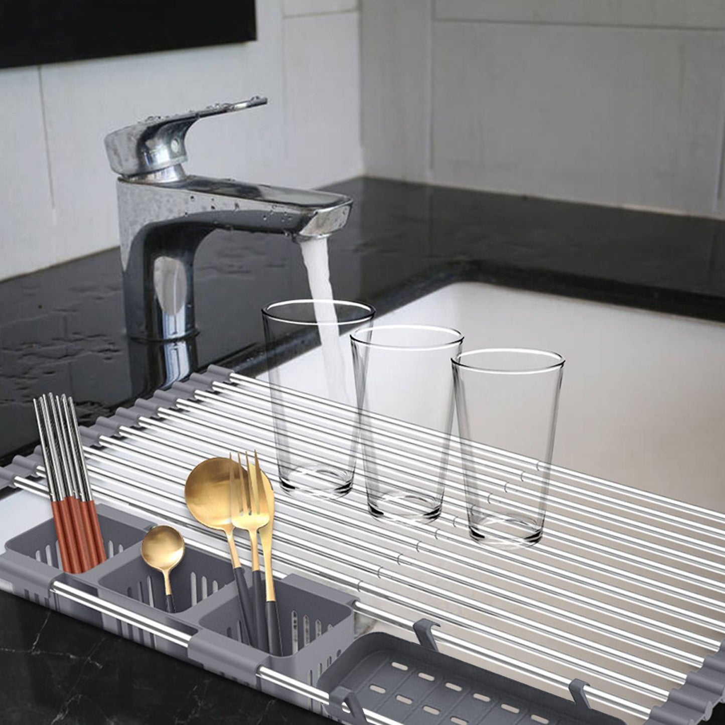 Over-the-Sink Roll-Up Dish Drying Rack – Space Saver with 2 Storage Baskets | Stainless Steel Kitchen Organizer