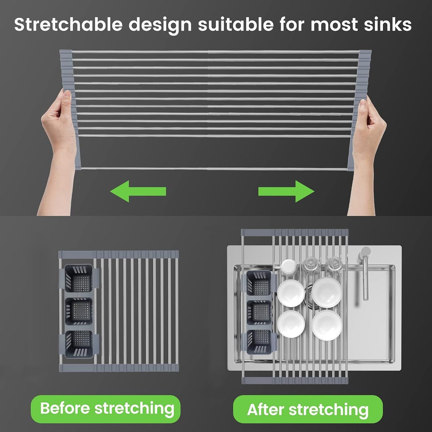 Over-the-Sink Roll-Up Dish Drying Rack – Space Saver with 2 Storage Baskets | Stainless Steel Kitchen Organizer